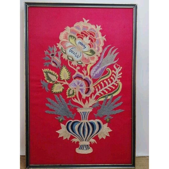 Turkish Stitchery Embroidery Style Bibliotecque Dolfus Meig Framed 21"X 14"